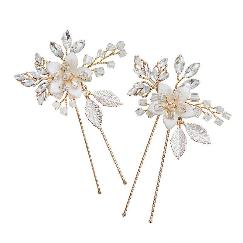 SWEETV 2Pcs Handmade Wedding Hair Pins,Flower Bridal Hair Pin-Beaded Wedding Hair Accessories for Brides - Image 1